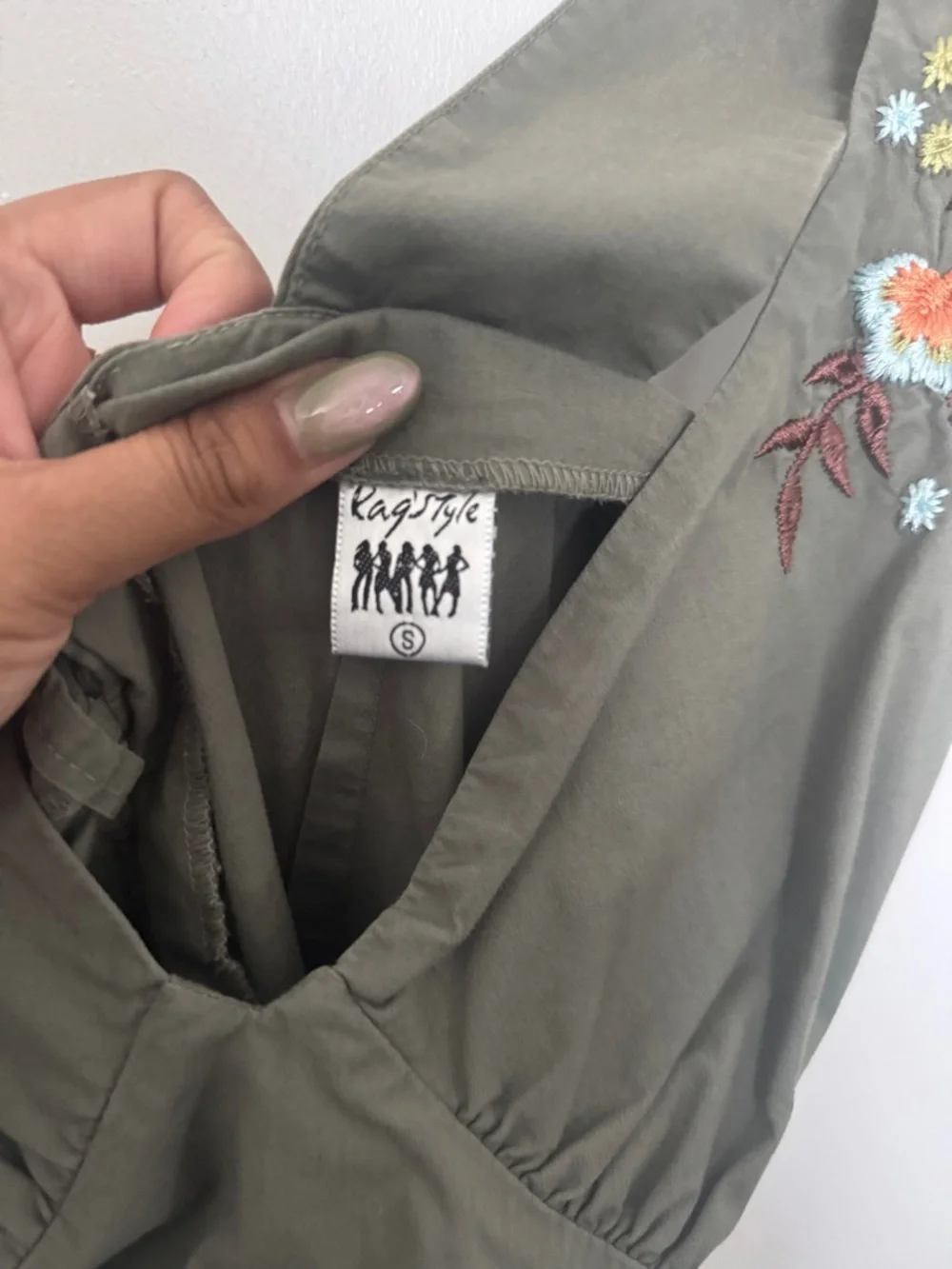 Vintage Olive Green Embroidered V-Neck Midi Dress - Picture 6 of 9